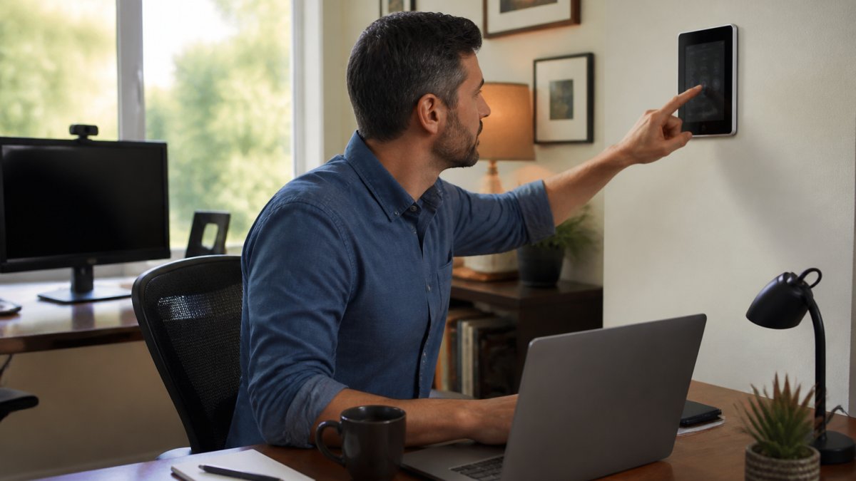 A busy professional in a home office adjusting a smart thermostat and lighting via a wall-mounted smart display, with a laptop and coffee on the desk, showing a morning routine in action