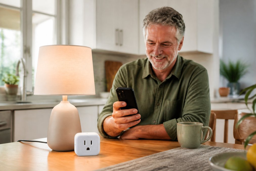 A person in their 50s sitting at a kitchen table, holding a smartphone and smiling while a small smart plug sits on the table beside a lamp, warm natural light, comfortable home setting