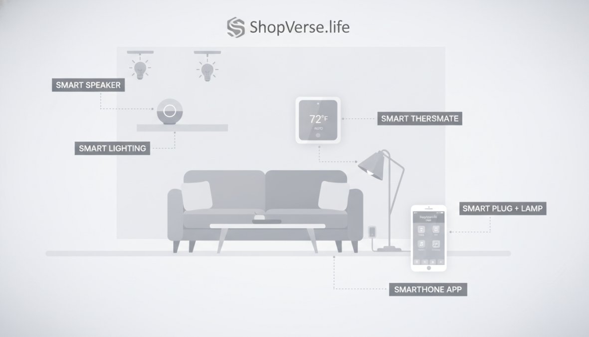 Modern living room with smart speaker on shelf, smart lighting bulbs in ceiling fixtures, smart thermostat on wall, smart plug with lamp, and smartphone displaying control app on coffee table
