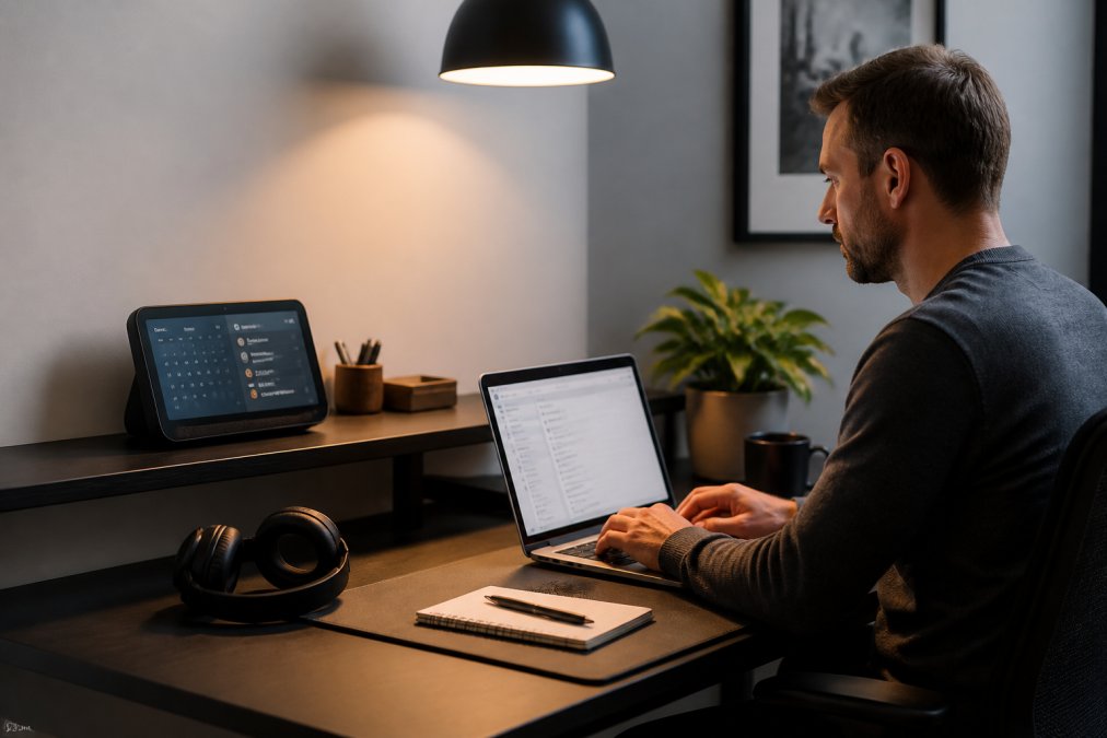 Professional working at a modern desk with smart display showing calendar and tasks, warm-toned smart lighting overhead creating focused ambiance, noise-canceling headphones on the desk, and a laptop displaying productivity software