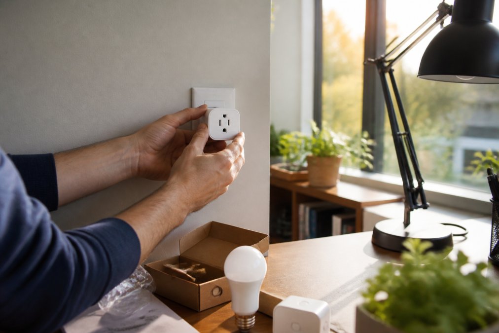 Close-up of a person's hands plugging a compact smart plug into a wall outlet, with a desk lamp and small smart bulb visible in the background, morning sunlight streaming through an office window