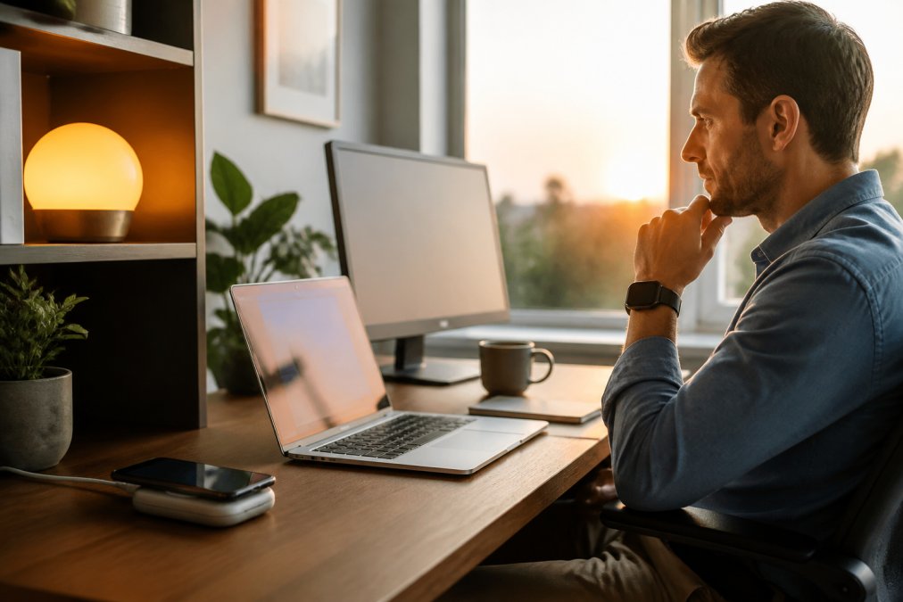 Professional working at a desk surrounded by smart home gadgets like a sunrise alarm clock and charger.