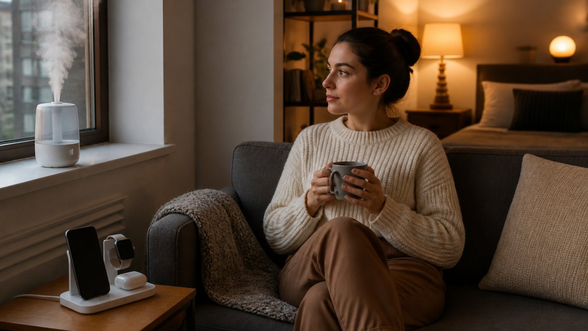 A young professional sitting on a small apartment sofa with a compact wireless charging station on a side table, a mini humidifier on a windowsill, and warm ambient lighting in the background