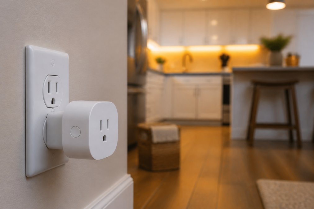 Close-up of a compact white smart plug inserted into a wall outlet, with a smartphone in the background displaying a smart home app interface, warm kitchen lighting in the background