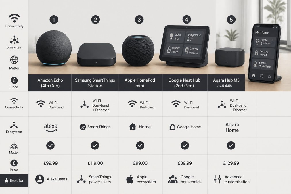 Several smart home hub devices including compact speakers, small box hubs, and a smart display arranged on a modern wooden desk in a well-lit living room, with a smartphone showing a smart home control dashboard nearby