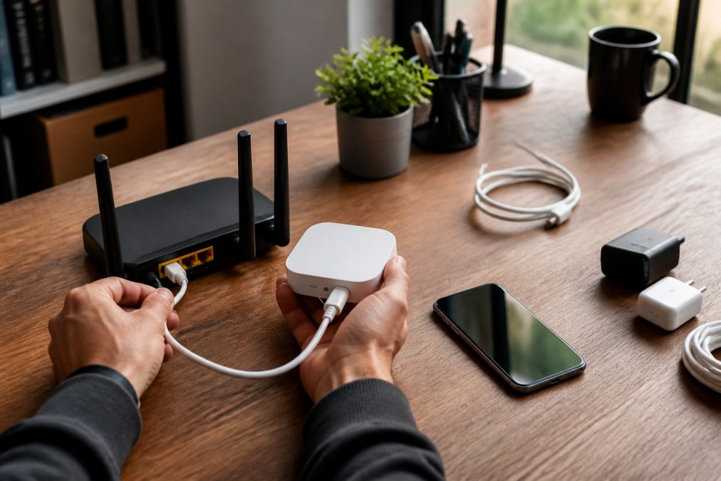 A person's hands connecting a compact smart home hub to a home router using an Ethernet cable, with a smartphone displaying a device pairing screen placed on a wooden desk in a home office setting, warm natural light coming from a nearby window