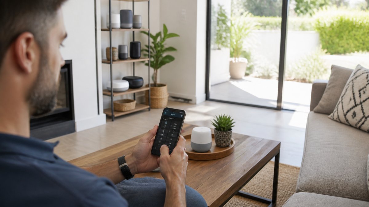 Homeowner setting up a smart home hub in a modern living room, smartphone in hand displaying automation app interface, various smart speakers and devices visible on shelves with natural window lighting