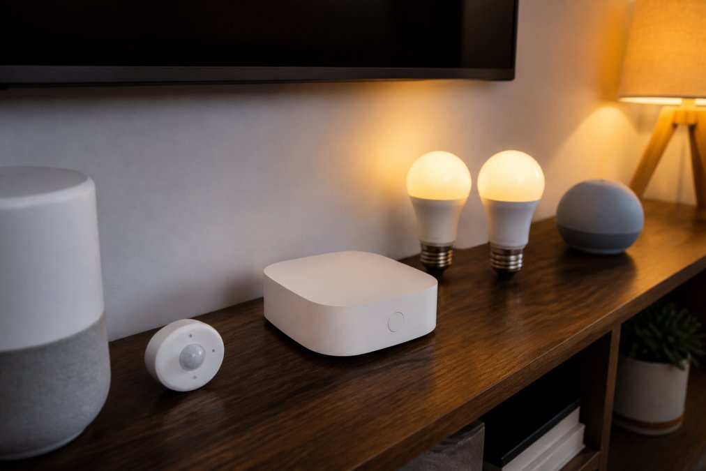 A modern living room shelf holding a compact smart home hub device, surrounded by smart bulbs, a small speaker, and a sensor, with warm evening lighting