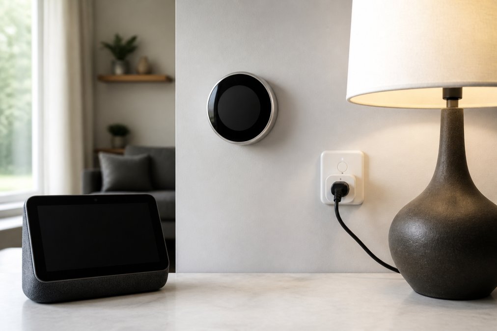 A clean, modern living room setup showing a smart display on a counter, a smart thermostat on the wall, and a smart plug with a lamp, all in soft natural light