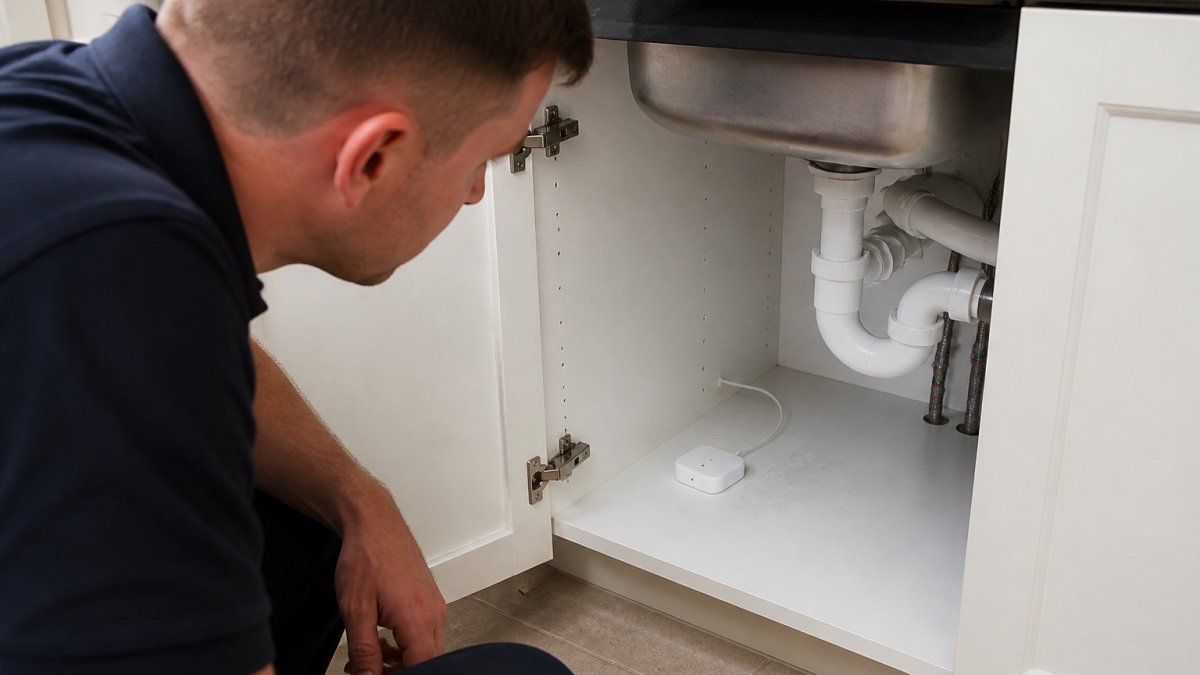 Close-up of a smart water leak sensor installed under a kitchen sink with water droplets visible on the surface nearby