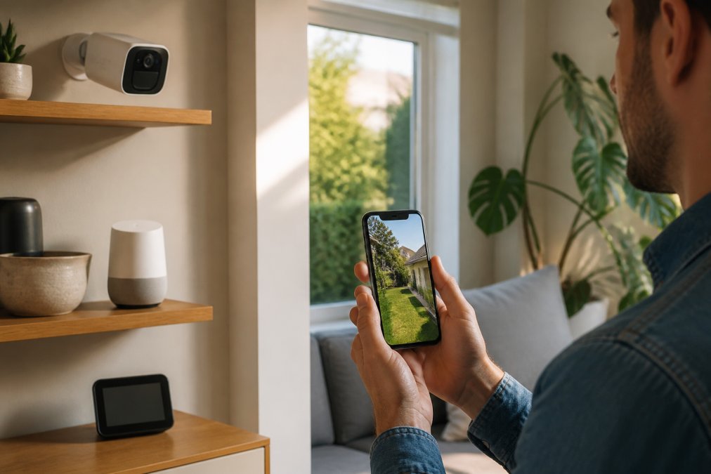 Homeowner reviewing security camera feed on smartphone while standing in living room with smart home devices visible on shelves, natural afternoon lighting
