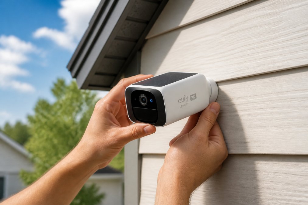 Close-up of hands setting up a wireless security camera with solar panel, showing installation simplicity and outdoor mounting on home exterior, natural daylight