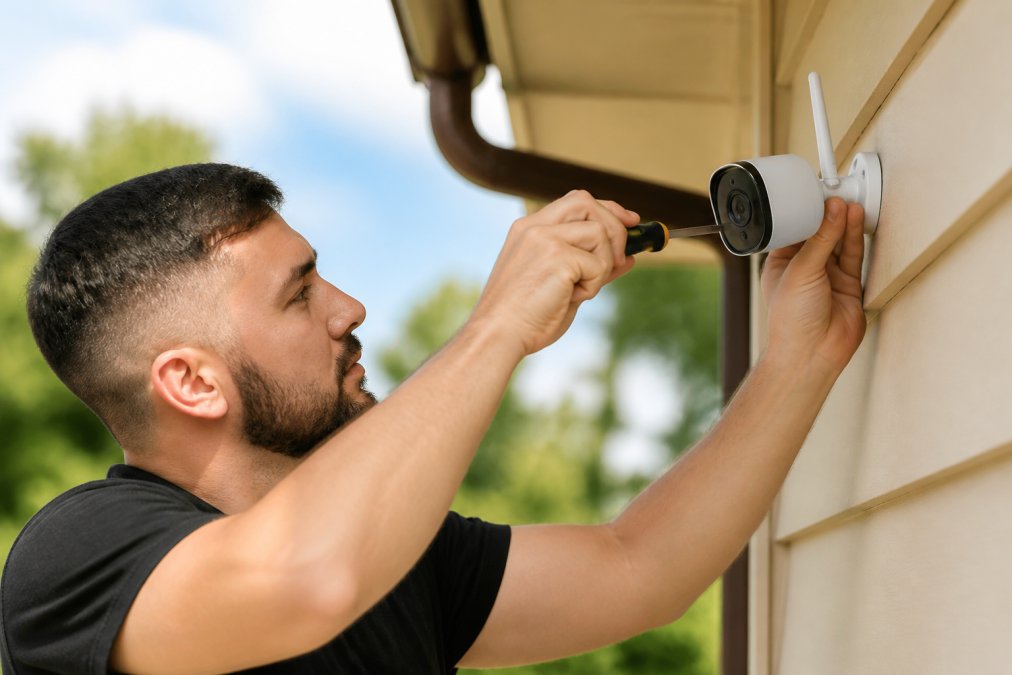Homeowner installing a wireless security camera on the exterior wall of their home, holding the camera in one hand while using a screwdriver with the other, sunny outdoor setting