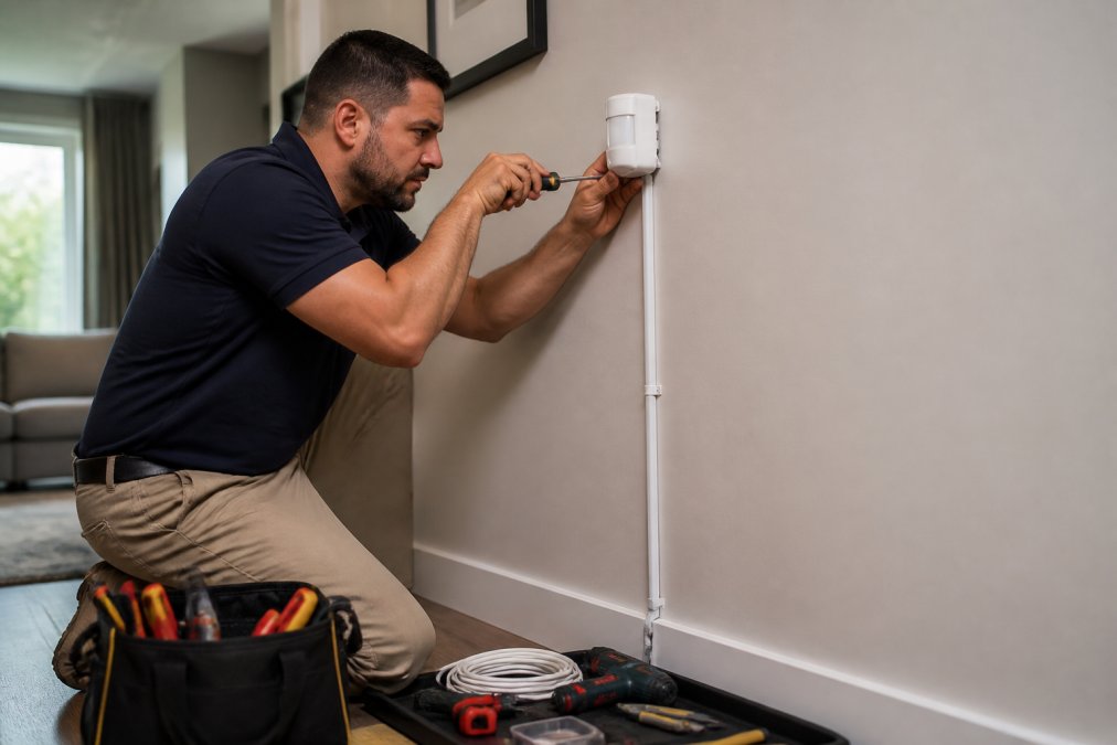 Professional technician carefully installing security system sensor on residential wall, running low-voltage wiring through conduit with precision tools visible on workbench