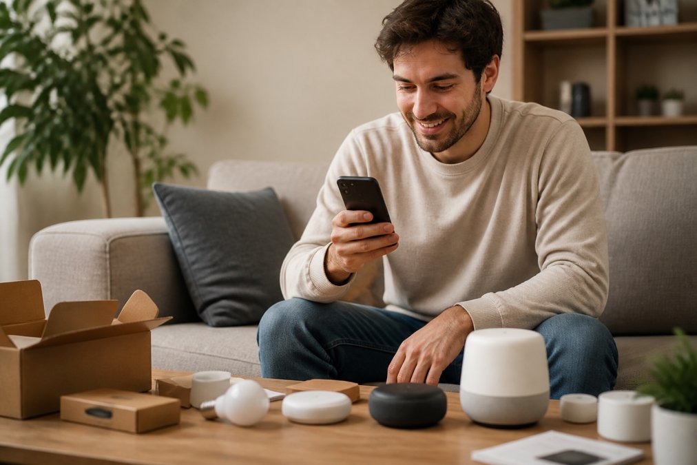 A young adult sitting on a couch in a cozy living room, holding a smartphone and smiling while controlling smart lights and a smart speaker on a coffee table