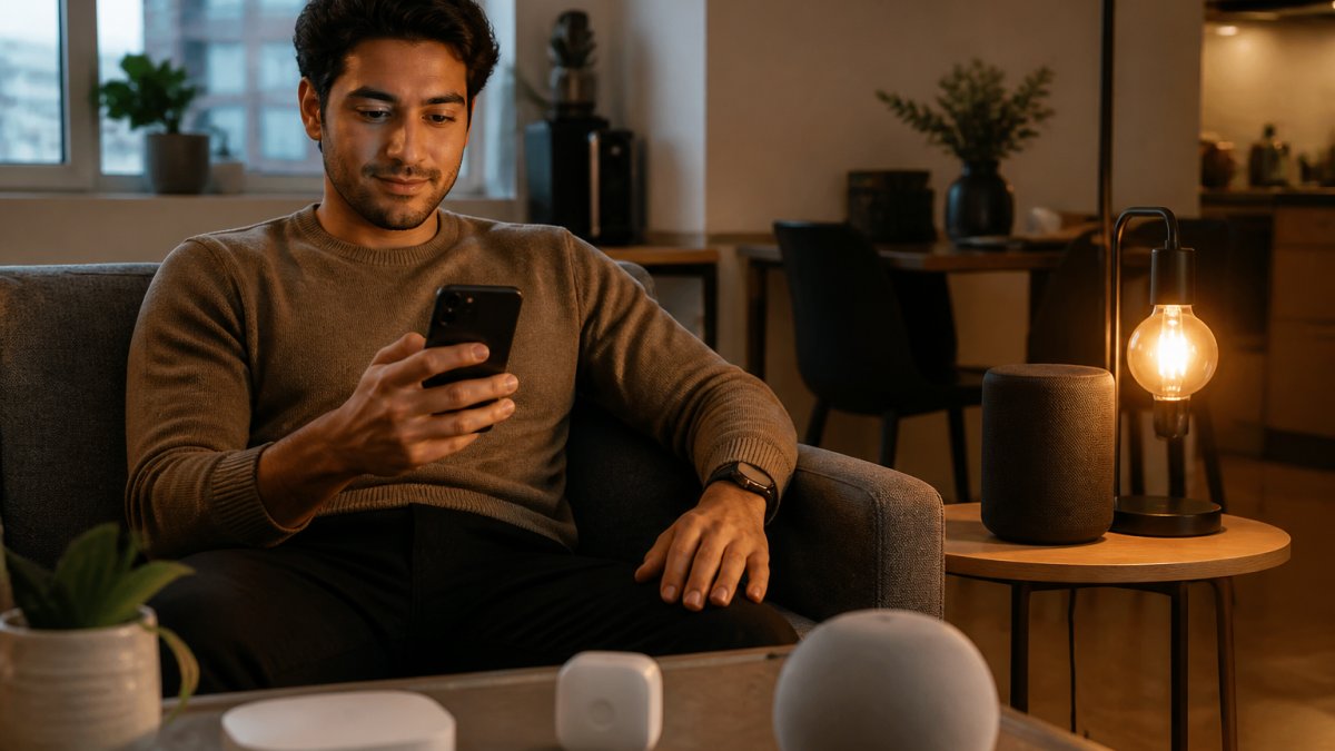 A young professional using a smartphone app to control a smart speaker and lighting in a cozy apartment.