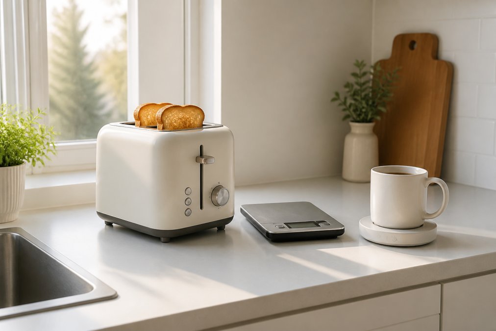Modern apartment kitchen counter with a compact toaster, digital scale, and mug warmer arranged efficiently on white cabinetry, natural morning light streaming through a window, minimalist setup with no clutter
