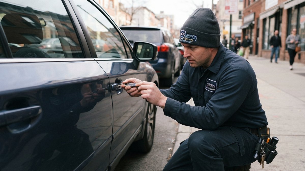 Business owner inspecting a smart lock for small business on a glass storefront door