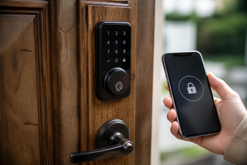 Diagram of smart lock security features featuring a smartphone app interface and a certified deadbolt mechanism