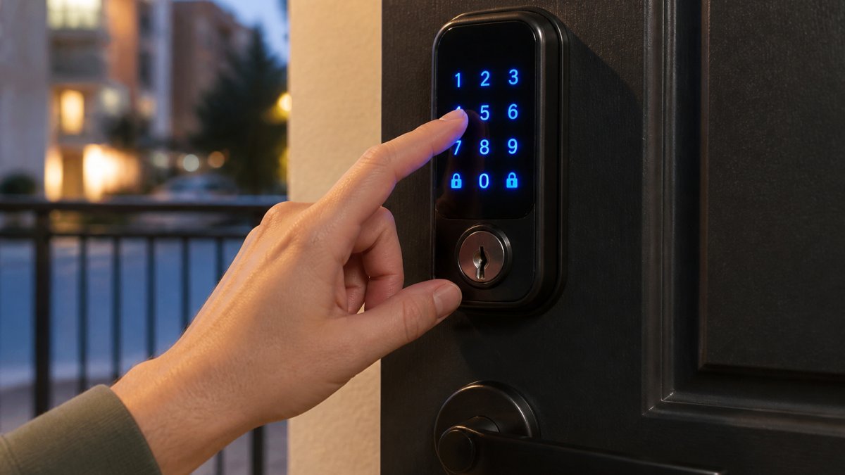 Close-up of a hand entering a PIN code on an illuminated keypad smart lock mounted on an apartment door at dusk, showing the numbered buttons glowing blue