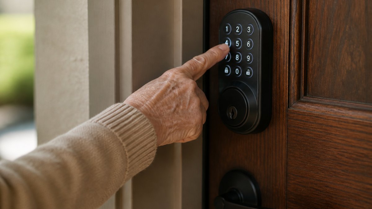 Older adult's hand entering a PIN code on a smart lock keypad with large, clearly visible numbers and illuminated buttons