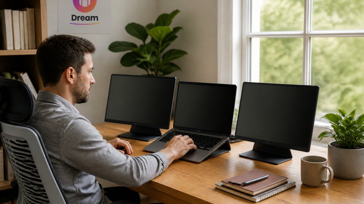Professional working at home office desk with laptop connected to multiple portable monitor screens displaying different applications, natural window lighting illuminating the ergonomic workspace