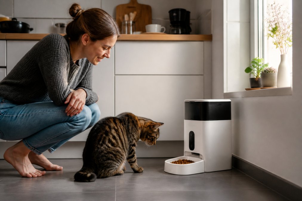 A curious cat watches a white automatic feeder dispense kibble, showcasing smart pet entertainment in a sunny kitchen.