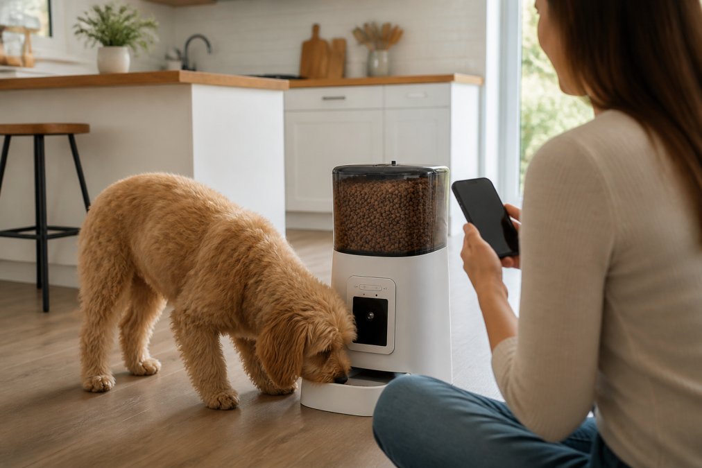 Pet owner checking smartphone app while their dog eats from a smart feeder with visible camera in a modern kitchen with natural window lighting