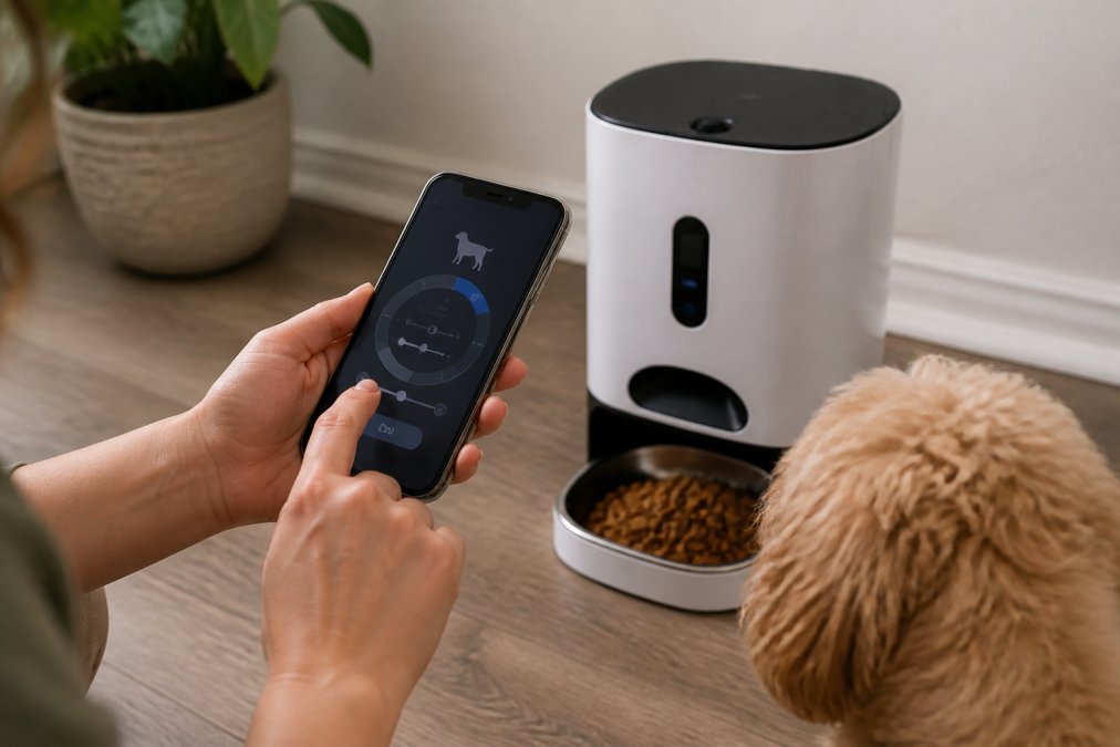 Close-up of hands adjusting portion size settings on a smart pet feeder app interface displayed on a smartphone screen, with the feeder visible in the background