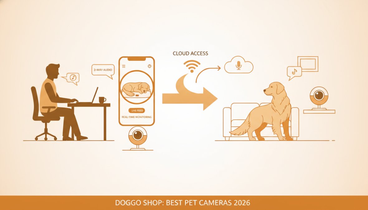 Dog owner viewing their pet on a smartphone screen via a pet camera app while working at a desk, showing real-time monitoring and two-way audio interface