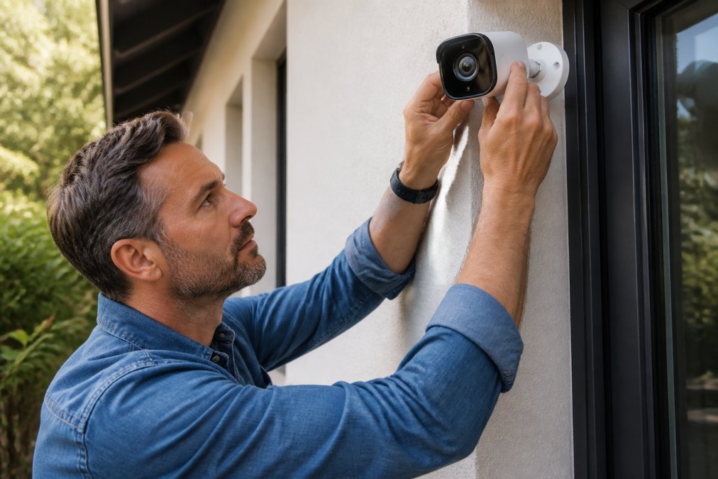Homeowner installing a security camera outdoors on their house, examining the device with focus on the camera lens and mounting hardware in natural daylight