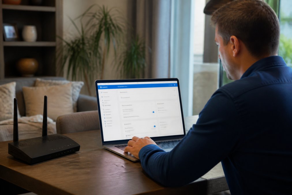 Person at a home office desk looking at a laptop screen displaying a router settings page or network security dashboard, with a wireless router visible nearby