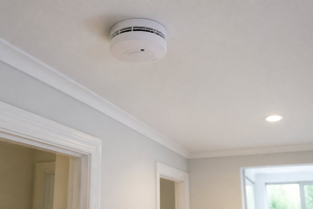 Close-up of a modern photoelectric smoke alarm mounted on a white ceiling in a residential hallway, with clean natural light filtering in from a nearby window