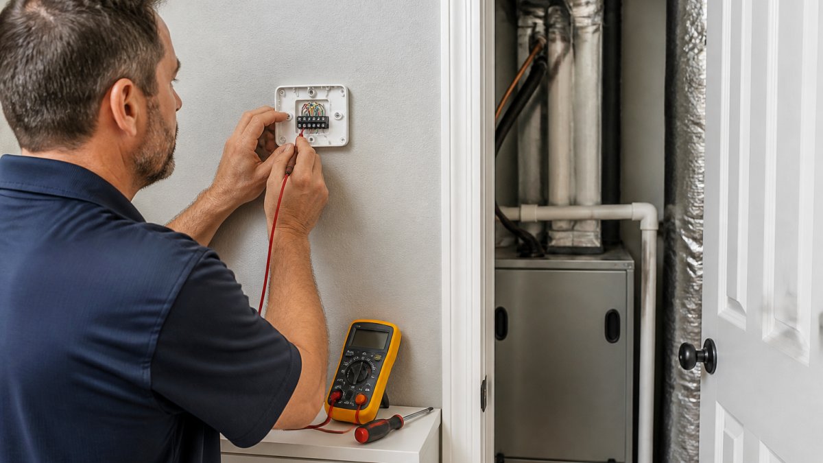 Homeowner using a multimeter to check HVAC wiring for smart thermostat features compatibility