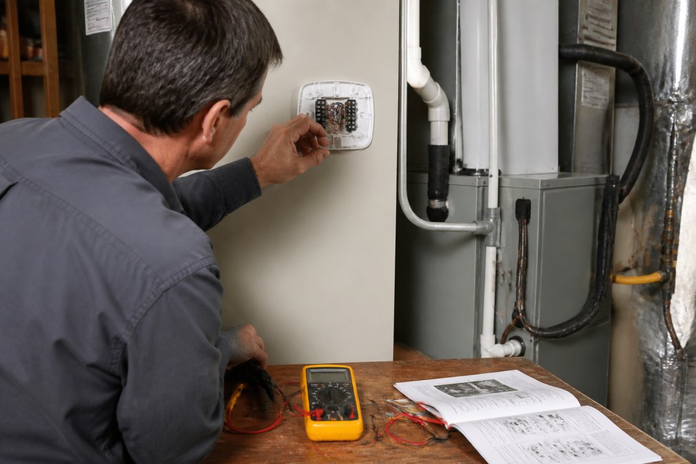 Process diagram showing a homeowner testing smart thermostat wiring and HVAC compatibility with a multimeter