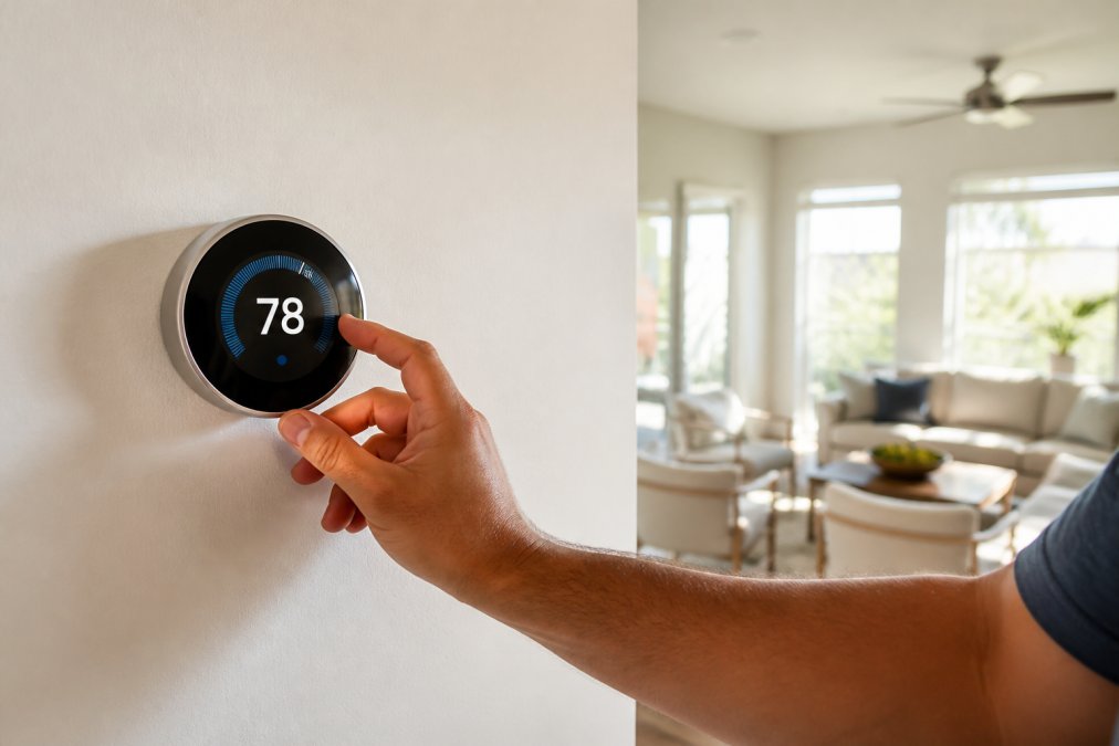 Homeowner's hand adjusting a smart thermostat display showing temperature settings on a wall in a bright, modern home with afternoon sunlight streaming through windows