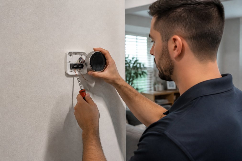 Professional HVAC technician installing a smart thermostat on a residential wall, holding diagnostic tools and checking wiring connections in a modern home