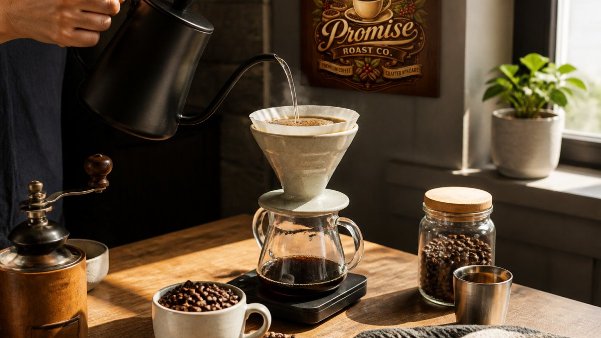 Close-up of hands pouring hot water from a gooseneck kettle into a ceramic pour-over dripper, with whole artisan coffee beans visible in a white cup below, morning sunlight streaming through a kitchen window