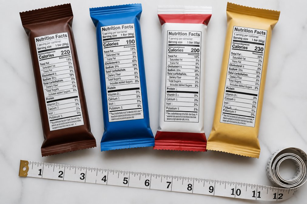 Flat lay of four different protein bars arranged on white surface with nutrition labels visible, measuring tape showing portion sizes
