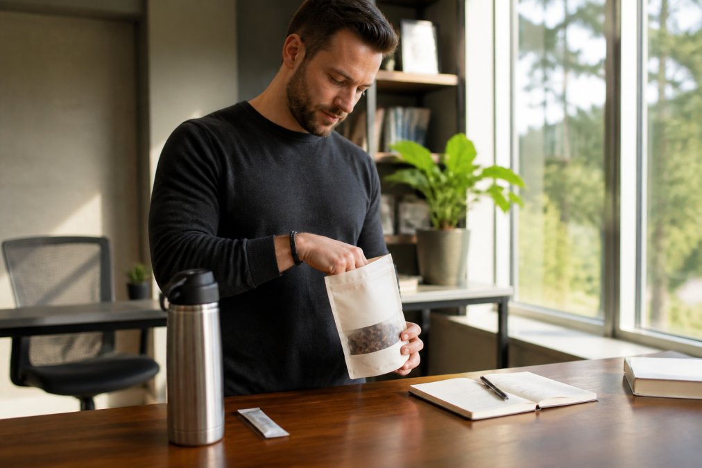 Busy professional at a standing desk reaching into a bag of beef jerky with a stainless steel water bottle and electrolyte packet nearby, warm natural office lighting coming through a large window