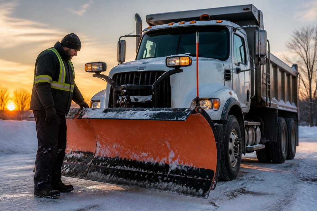 Snow removal contractor inspecting a plow truck blade before a shift, highlighting the need for equipment financing.