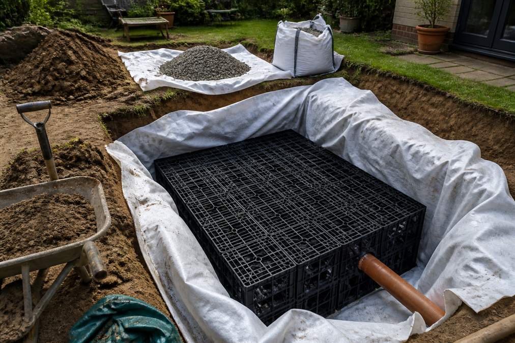Residential garden excavation showing soakaway crate installation in progress, with geotextile membrane laid out on trench base and backfill materials stacked nearby, natural daylight illuminating the work site