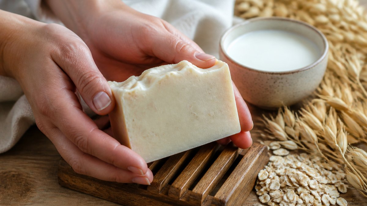 Hands holding artisanal goat milk soap for sensitive skin next to dried oats and a bowl of fresh milk.