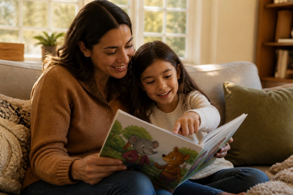 A parent and child sitting on a couch reading a colorful picture book together, the child pointing at an illustration of two animal characters, warm afternoon light through a window