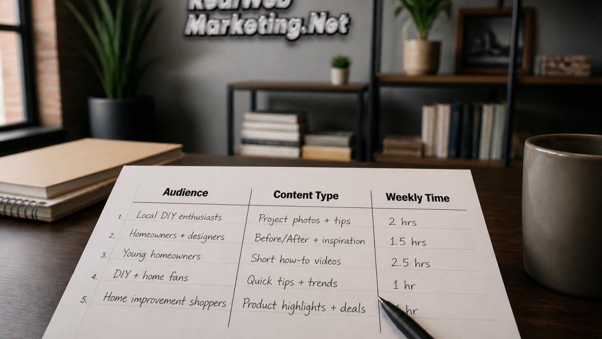 A one-page platform decision worksheet with three columns labeled audience, content type, and weekly time, filled in by hand