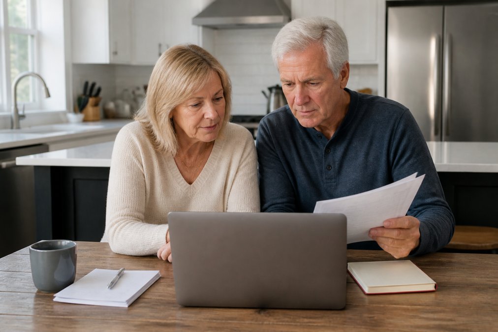 A retired couple in their early 60s sitting at a kitchen table with a laptop, reviewing financial documents and discussing their Social Security options together