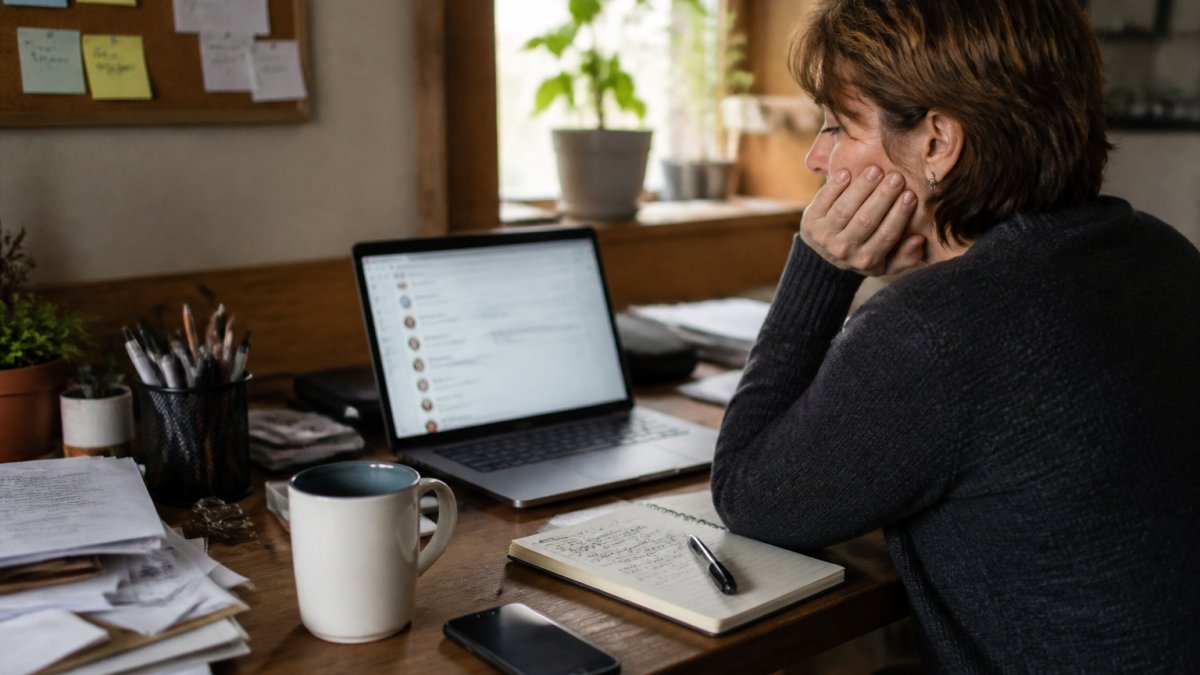 A small business owner at a cluttered desk looking at a laptop showing a social media dashboard, with a coffee cup and phone nearby, conveying the challenge of managing multiple platforms alone