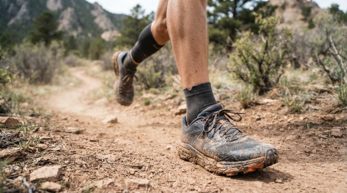 Close-up of a trail runner's feet and lower legs on a dusty Colorado trail, showing a technical low-cut sock with a reinforced cuff and mud splatter on the laces