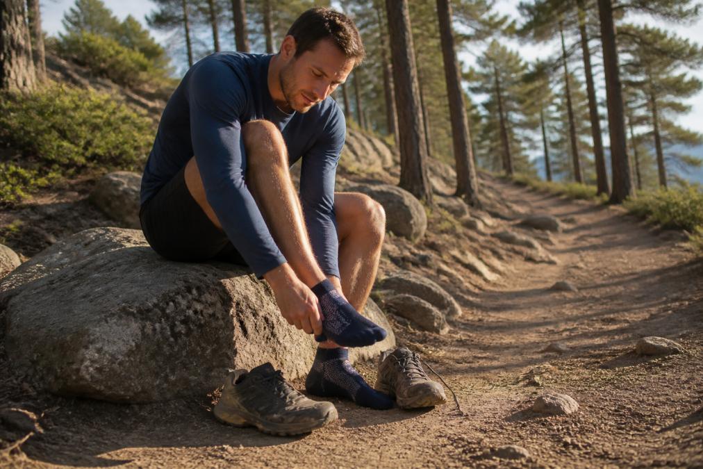Hiker sitting on a trailside boulder removing a worn trail shoe to adjust their sock, with a dusty dirt trail and scattered pine trees visible in the warm afternoon light