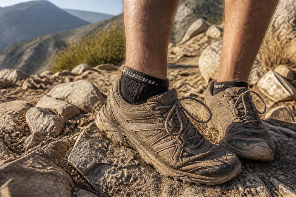 Close-up of a hiker's feet wearing low-cut athletic trail socks on a rocky mountain path, with worn boot laces, loose trail dust, and jagged stone terrain visible in the late afternoon light